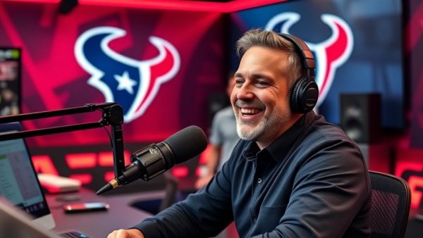 Podcast host discussing Texans Wild Card Win, studio setup.