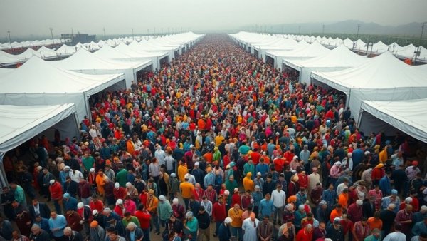 Aerial view of people gathered at a site related to Texas immigration policy.