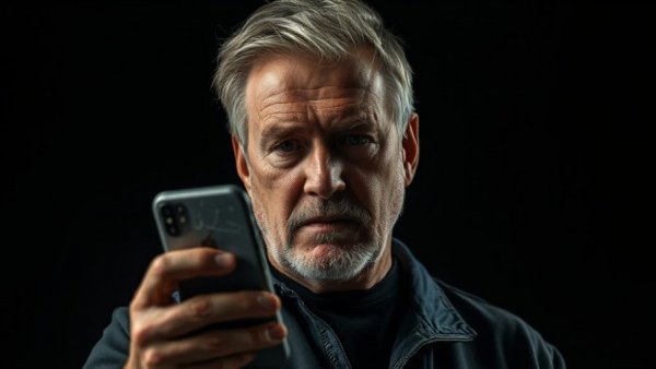 Stop porn addiction concept with man holding cracked phone.