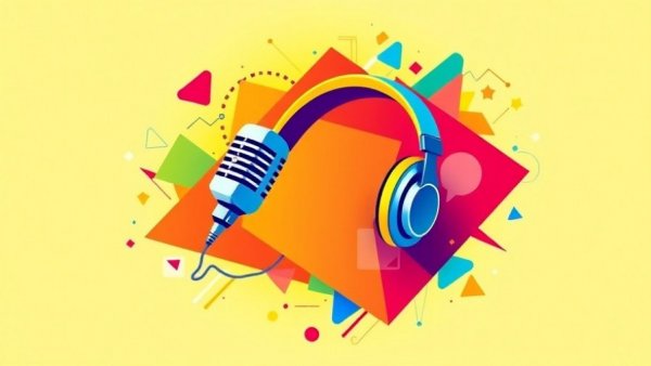 Colorful health and wellness-themed digital art with microphones and headphones.