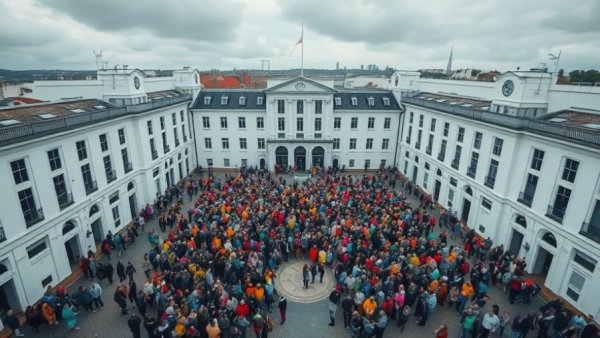 Aerial view of a diverse crowd gathered in a courtyard, illustrating Texas immigration policy impact.