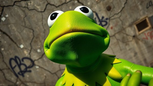 Giant Kermit the Frog statue in Atlanta urban area.