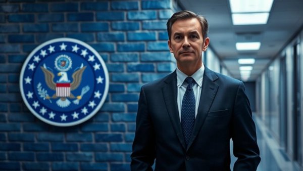 ICE prosecutor near Homeland Security emblem, office environment.