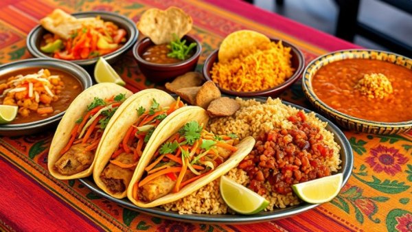Appetizing Tex-Mex dish with tacos and enchiladas on colorful table setting.