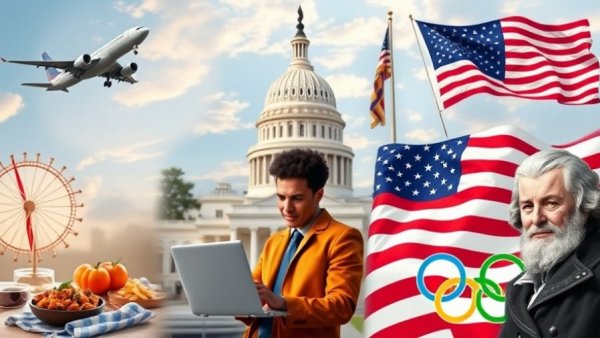 American culture collage with airplane, Capitol, flags, Olympics