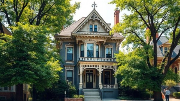 Victorian house in Austin, showcasing ornate details and lush surroundings.