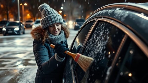 Tips for de-icing your car: woman removing ice in parking lot.