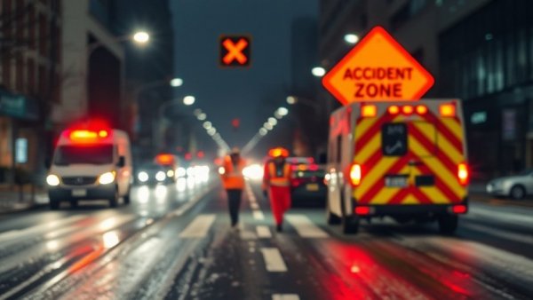 Icy roads causing accidents at night with emergency vehicles visible.