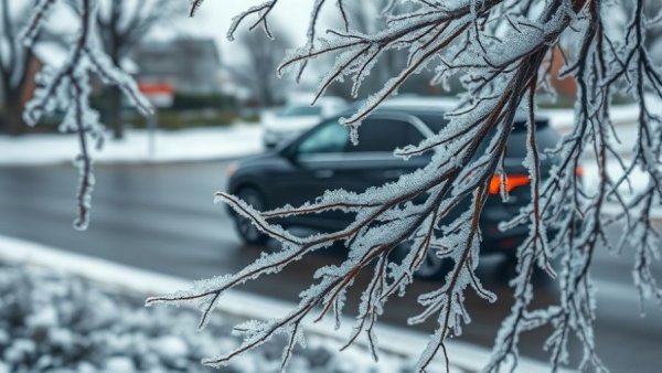 Icy branches on a winter road during a storm power outage.