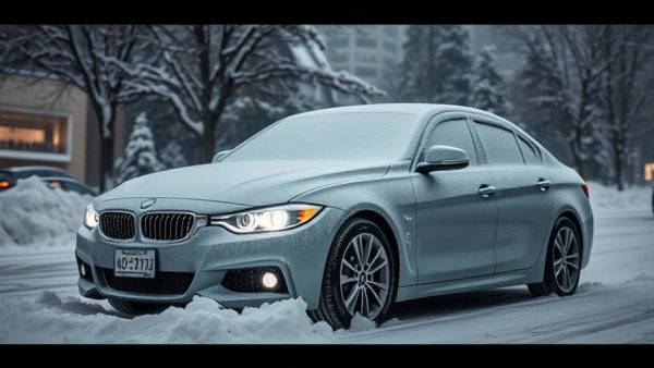Snow-covered car with headlights on in winter setting, questioning legality of driving with snow.