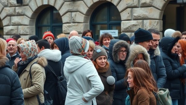 Austin warming centers, group of people in winter clothes waiting outside stone building.
