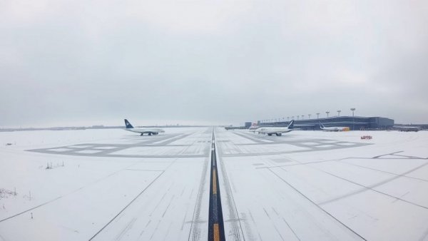 DFW airport travel disruption with snowy runways and overcast skies.
