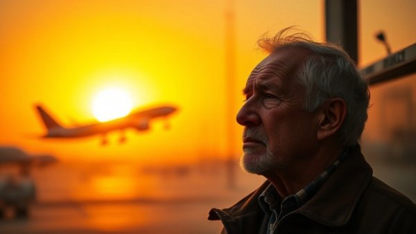 Contemplative man at sunset airport, highlighting airport security reform.