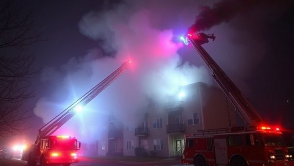 Richmond apartment fire during nighttime with ladders and smoke.