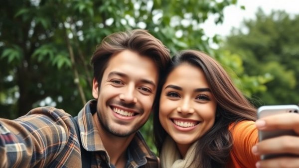 Smiling couple outdoors, capturing a selfie together.
