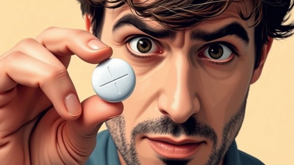 Digital illustration of a curious man examining a large ibuprofen pill, natural ibuprofen substitute concept.