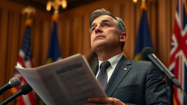 Politician discussing FACE Act enforcement in an indoor setting with flags.