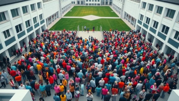 Aerial view of Texas immigration detention protest with colorful crowd.