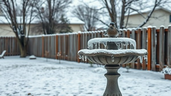 Bexar County winter weather scene with frozen birdbath and icicles.