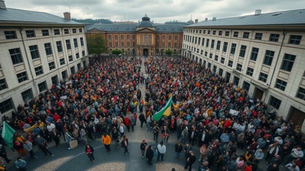 Aerial view of colorful immigration policy protest in Texas between buildings.