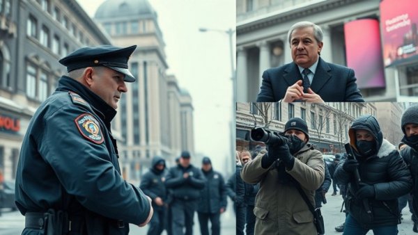 Collage of police action and public figure addressing review