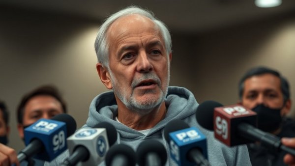 Press conference with older male in hoodie at the microphone.