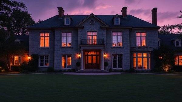 Elegant mansion in the Houston luxury real estate market, evening view with lush lawn.
