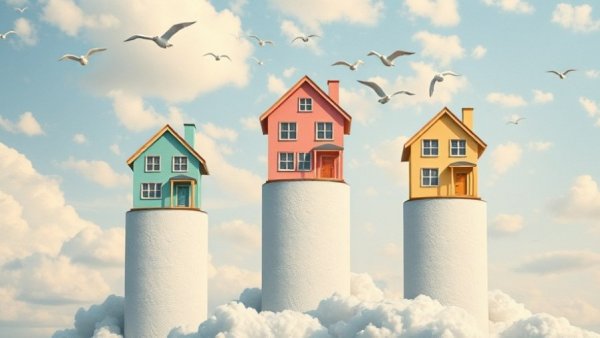 Whimsical houses on pedestals, symbolizing San Antonio housing market trends.