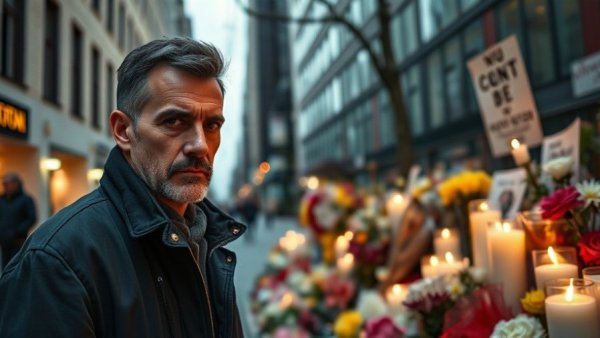 National news scene with solemn man and thoughtful memorial.