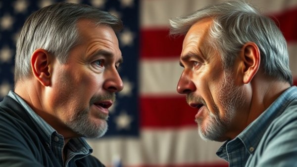 Gun control news discussion between two men with contrasting expressions.