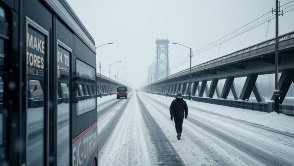 Snowy Texas bridge during winter storm, seen from inside a bus.