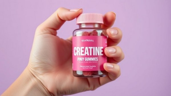 Pink creatine gummies bottle held in hand for muscle recovery.