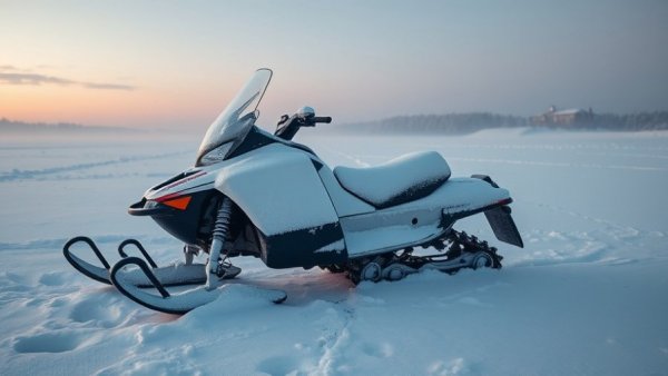 Snow-covered snowmobile emphasizes snowmobile safety on ice.
