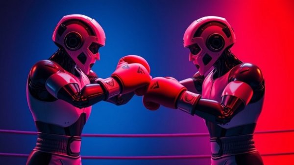 AI versus human boxing in abstract design, AI creativity testing concept.