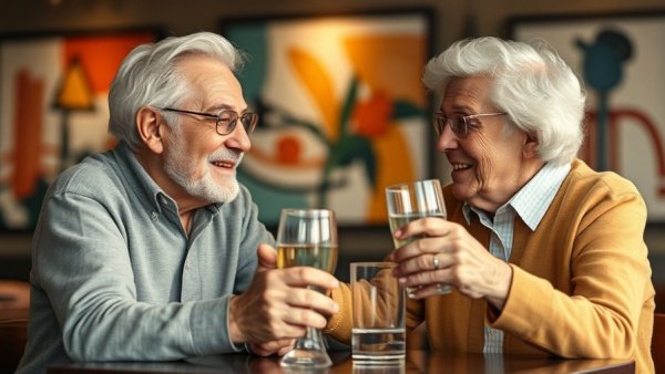 Elderly couple discusses water temperature benefits, colorful setting.