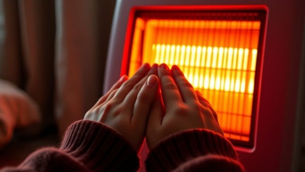 Hands safely warming by space heater indoors.