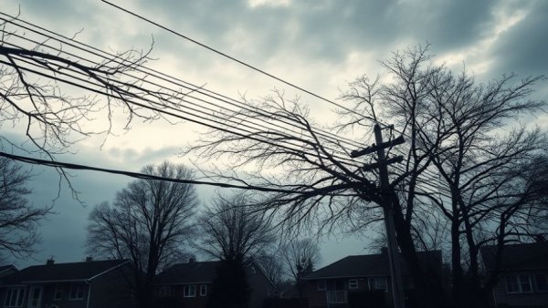 Post-storm power line tangled in tree branches indicating weather impact in San Antonio.