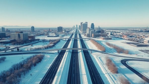 Snow-covered highway in Central Austin, illustrating the impact of hypothermia risk.
