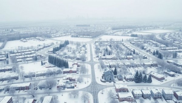 Aerial view of snow-covered Central Texas landscape with city skyline.