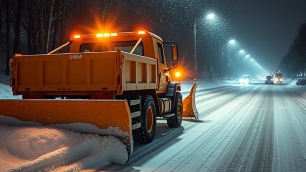 Snow plow navigating icy road at night, Austin winter road safety.