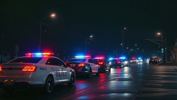 Police cars with flashing lights at night, responding to incident.