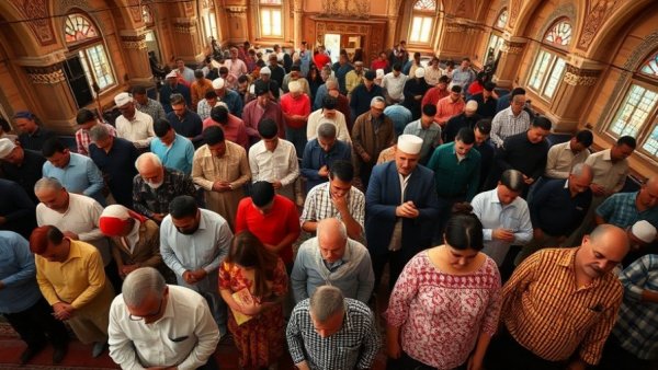 Large group praying in a mosque, symbolic of community.