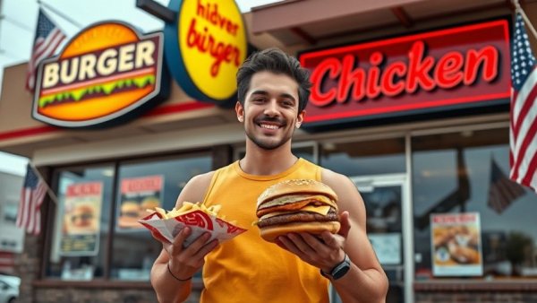 Person enjoying fast food outside restaurant for health and wellness context.