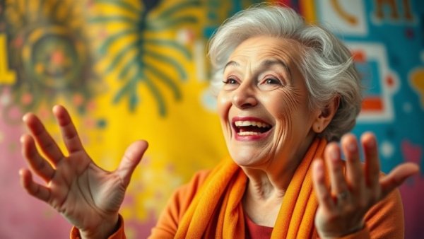 Elderly woman joyfully gesturing in colorful setting, Lauren Hutton modeling journey.