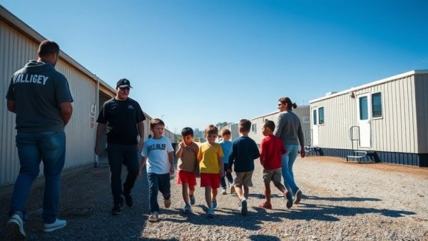 Children walking in line at Dilley detention facility.