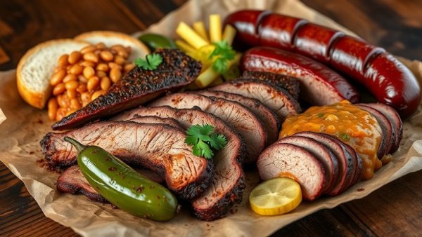 South barbecue spread in San Antonio with brisket and sides on table.
