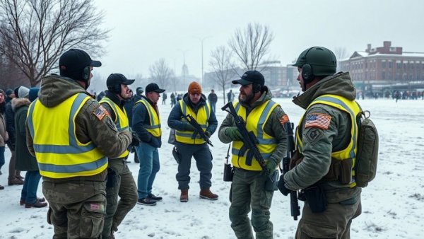 National Guard Minnesota anti-ICE protests with guards in yellow vests on a snowy day.