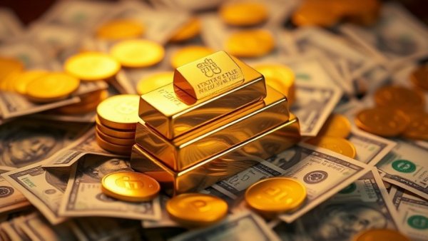 Gold coins and bars on US dollars reflecting gold price records.