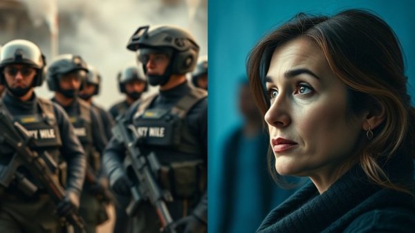 ICE training budget concept with tactical team and pensive woman.