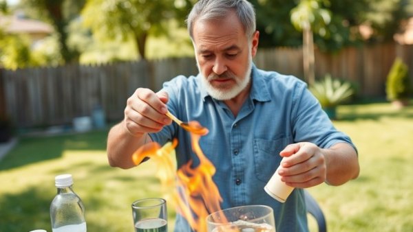 Man demonstrating food starch flammability outdoors, safety awareness in health and wellness